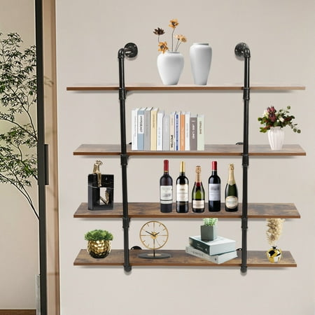 4-Tier Industrial Pipe Shelf Wall-Mounted Rustic Metal Floating Wine Rack