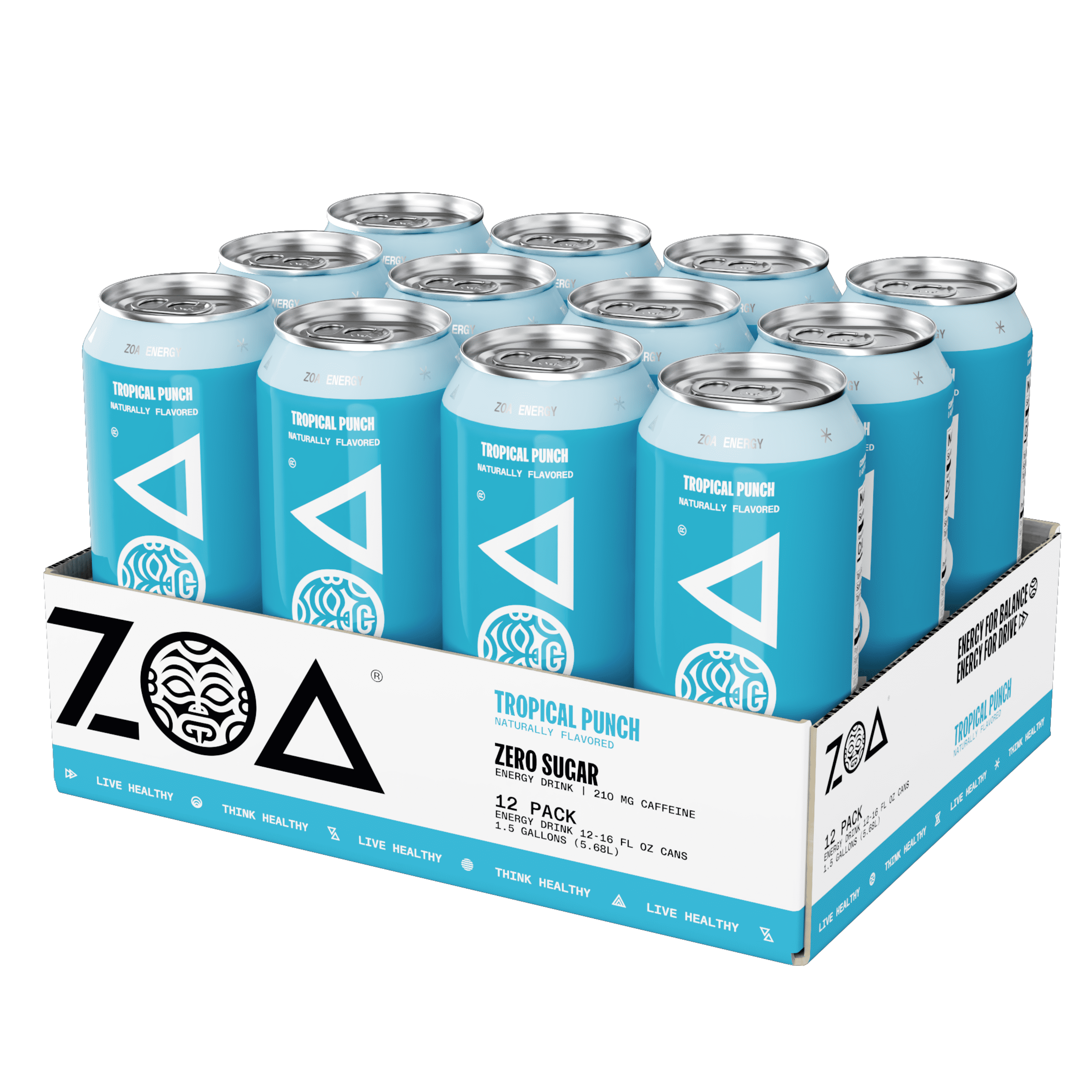 ZOA Zero Sugar Energy Drink, Tropical Punch, 16oz (12Pack)