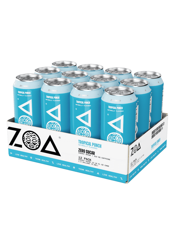 ZOA Zero Sugar Energy Drink, Tropical Punch, 16oz (12-Pack)