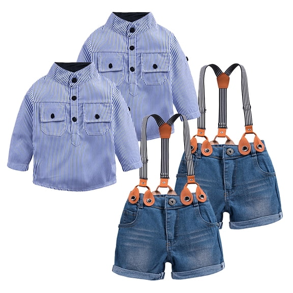 WOLLED 2PCS Baby Boys Gentleman Outfit Newborn Toddler Formal Suit Long Sleeve Striped Dress Shirt Suspender Shorts Pants for 9M-5Y
