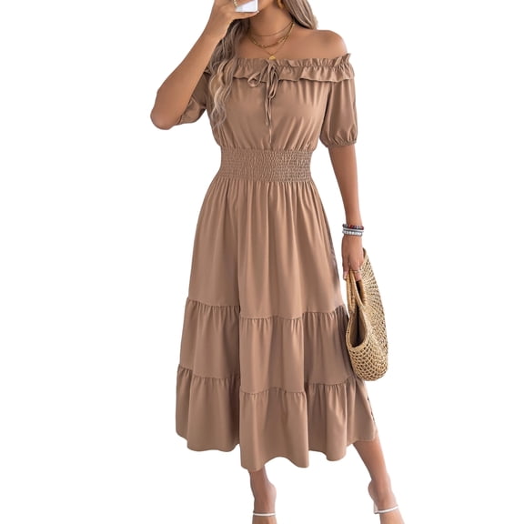 Women'S Summer Short Sleeves Ruffled Off Shoulder A-Line Midi Dresses Khaki S