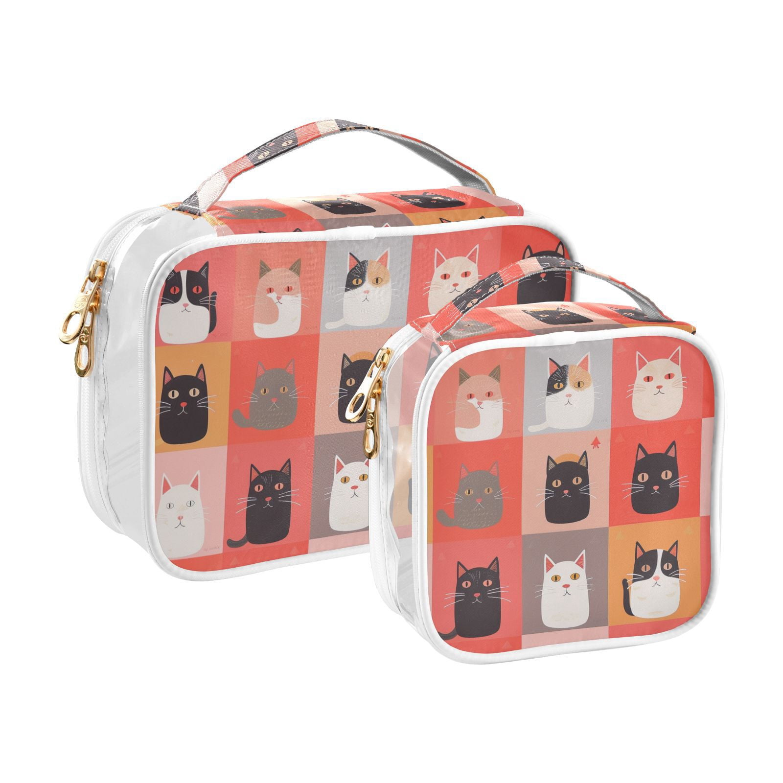 Clear Makeup Bags with Handle Large Opening 2 Pack Set Toiletry Bag Quart Size Bag, for Women Man Traveling Travel Essentials, Toiletries and Other. Cute Cat Meow