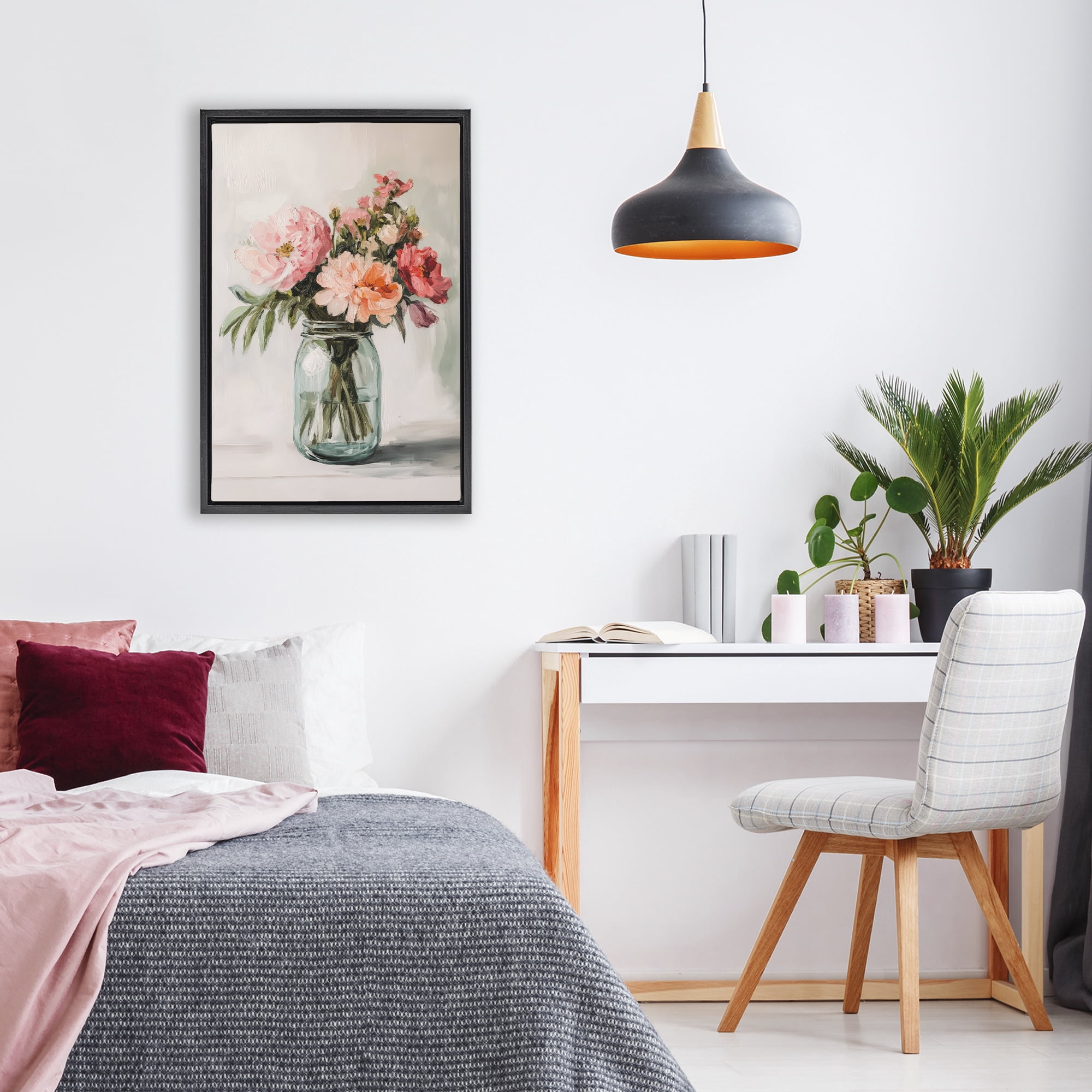 Stupell Industries Pink Flower Stems in Jar Black Framed Floater Canvas Wall Art, design by Petal Prints Design