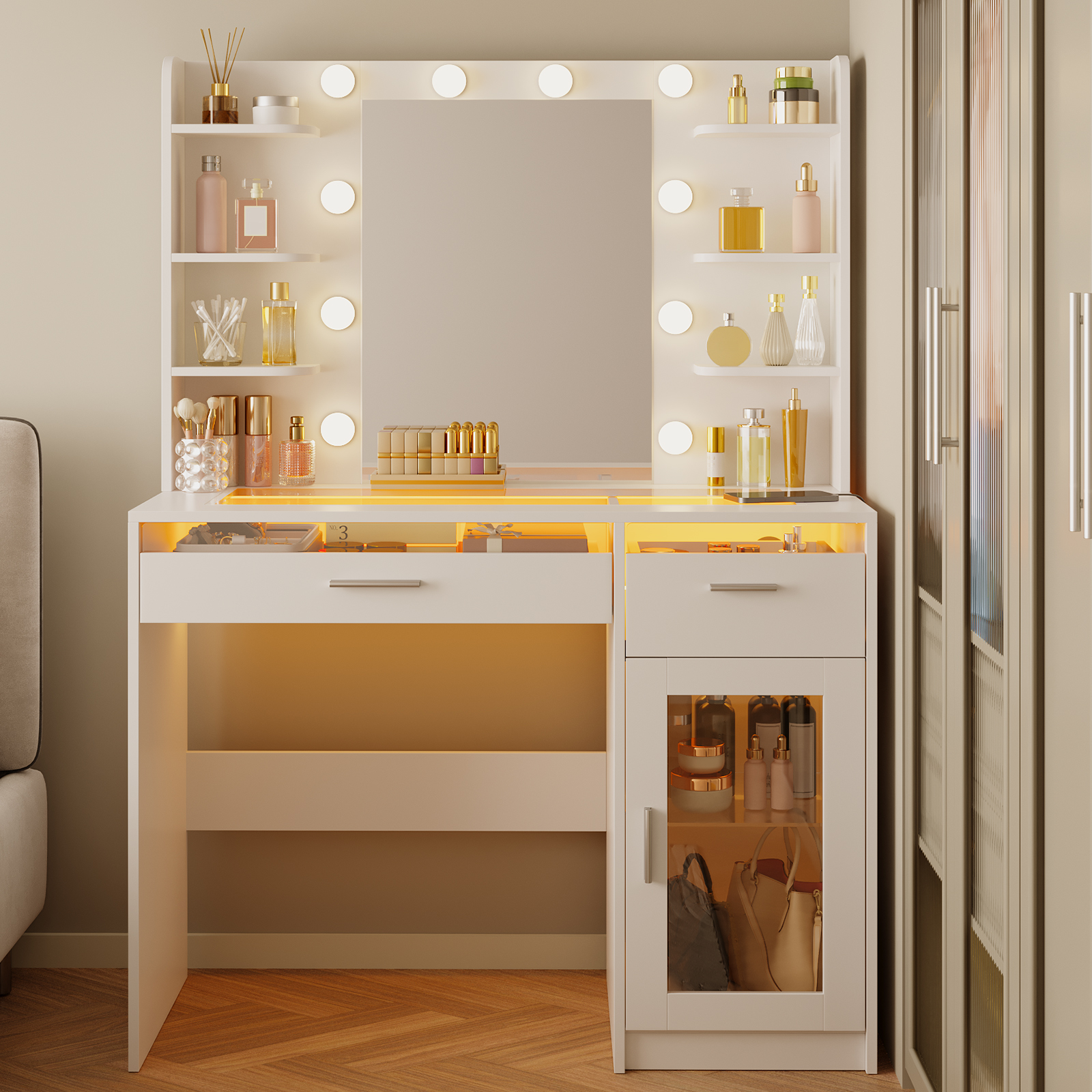 Tomnk White Vanity Desk With LED Mirror, Lights & Charging Outlet photo 5
