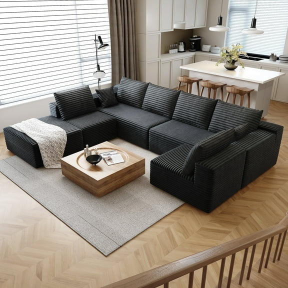 139.4" Cloud Sectional Sofa for Living Room Plush Corduroy Cover Fluffy Memory Foam Cushions, No Assembly Required, U Shaped Modular Chaise Lounge, Oversized Comfortable Couches Set, Black