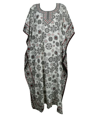 Mogul Women's Black White Printed Kaftan Dress Kimono Sleeves Round Neck Beach Wear Maxi Kaftan One Size