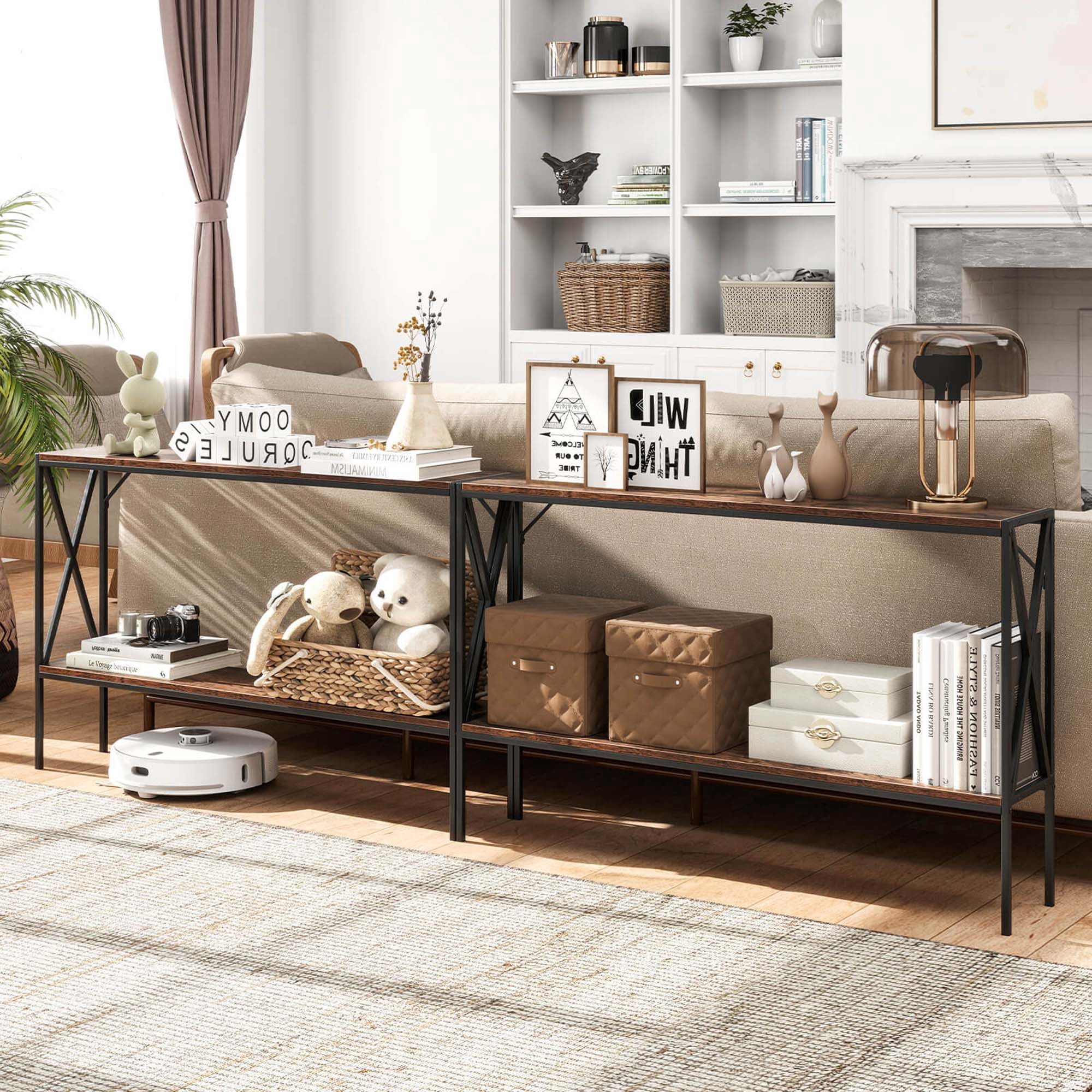 Costway Narrow Console Table 2-Tier Entryway Table with Storage 2 Support Bars Sofa Table Brown