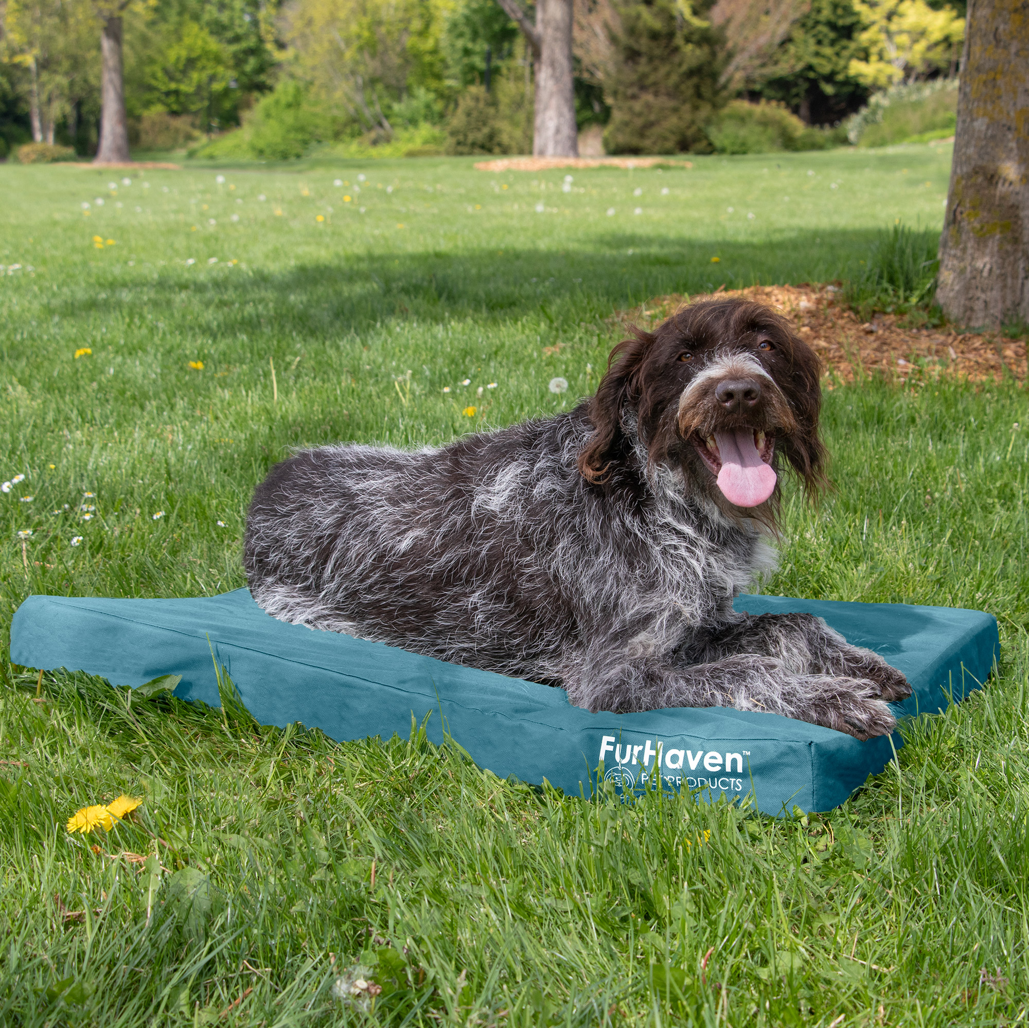 FurHaven Pet Products Indoor/Outdoor Oxford Orthopedic Deluxe Mattress Pet Bed for Dogs & Cats - Deep Lagoon, Large