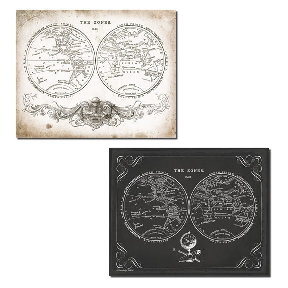 Popular Vintage, Zone World Map Black and White; Two 14x11in Poster Prints