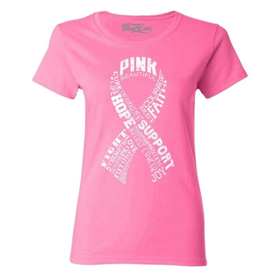 Shop4Ever Women's White Ribbon Montage Word Cloud Breast Cancer Graphic T-Shirt XX-Large Azalea Pink