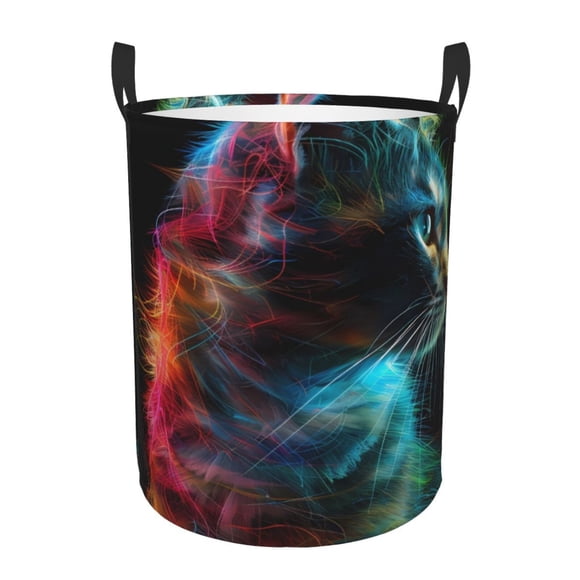 Balery Neon Spectrum Cat Portrait Cesta de ropa redonda con asas, impermeable, independiente, para ropa, juguetes, dormitorio y familia-Medium