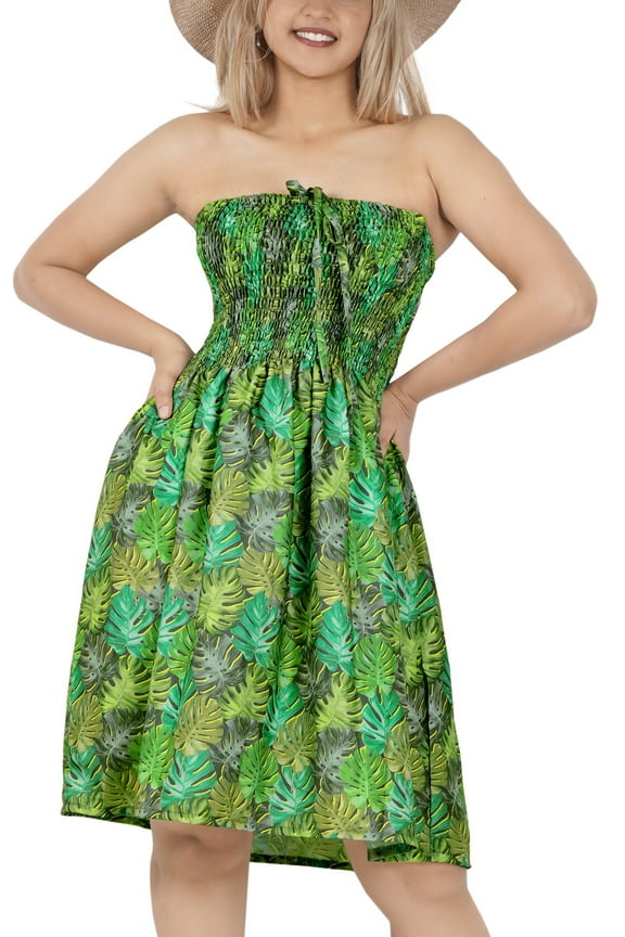 Women's Summer Boho Halter Smocked Mini Flowy Beach Dress Tube Top Strapless Dresses for Women One Size Leaves, Green