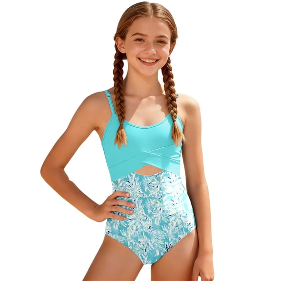 Shadoumai Girls One Piece Swimsuit Age 10-12 Modest Ruched Girls Tankini Swimsuit Lightweight Tropical Print Beach Skirt Cute Ruched Bathing Suit with Chest Pad Swimwear with Cover Up Pants