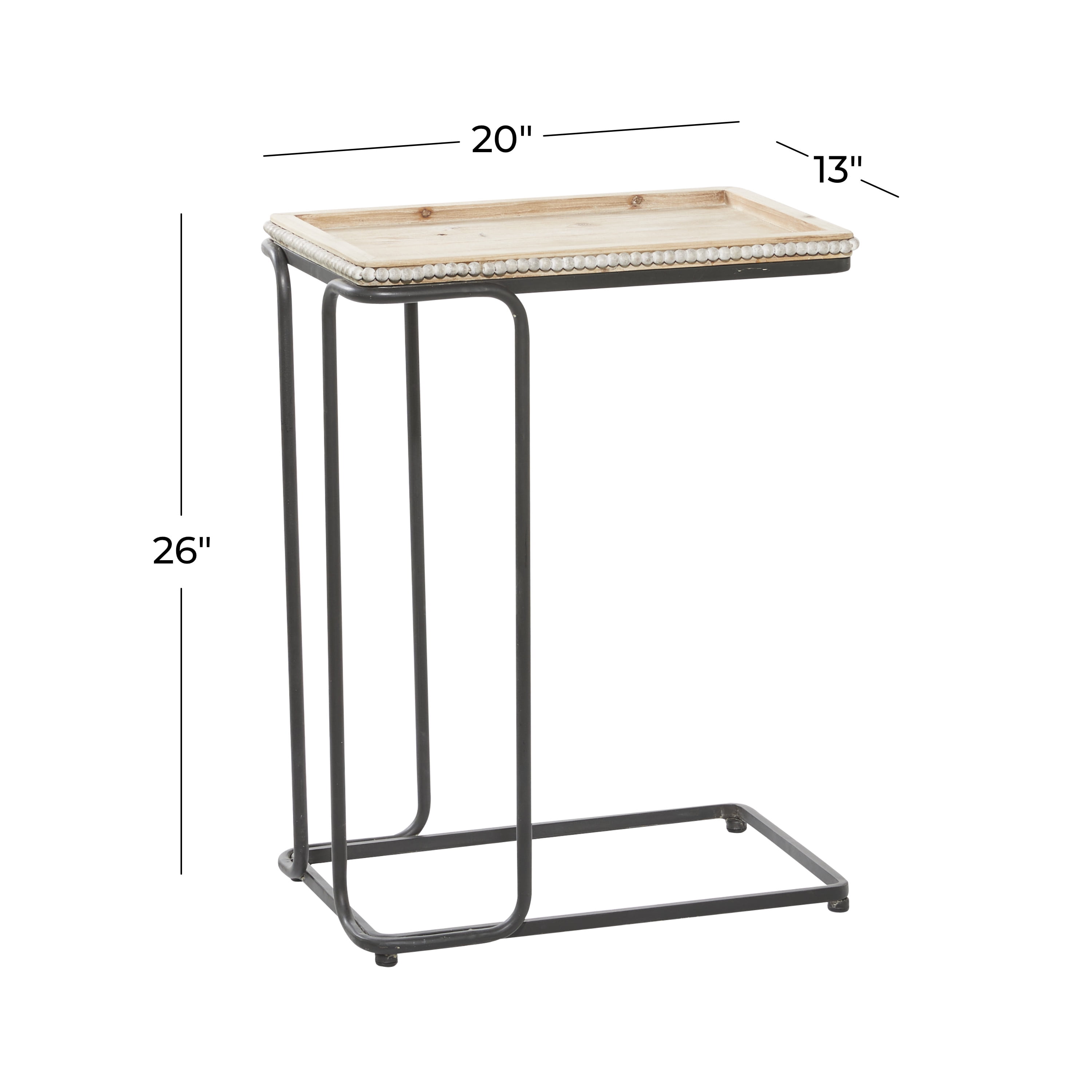 DecMode Iron Industrial C Shaped Side Table with Bead Accents 20"W x 26"H, Cream/White Wooden Finish and Black Metallic Frame