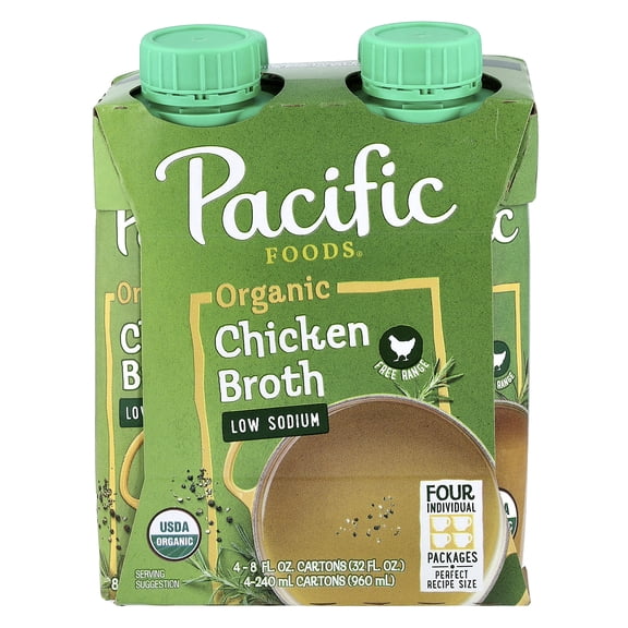 Pacific Foods Organic Free Range Chicken Broth, Low Sodium, 4 Cartons, 8 fl oz (240 ml) Each