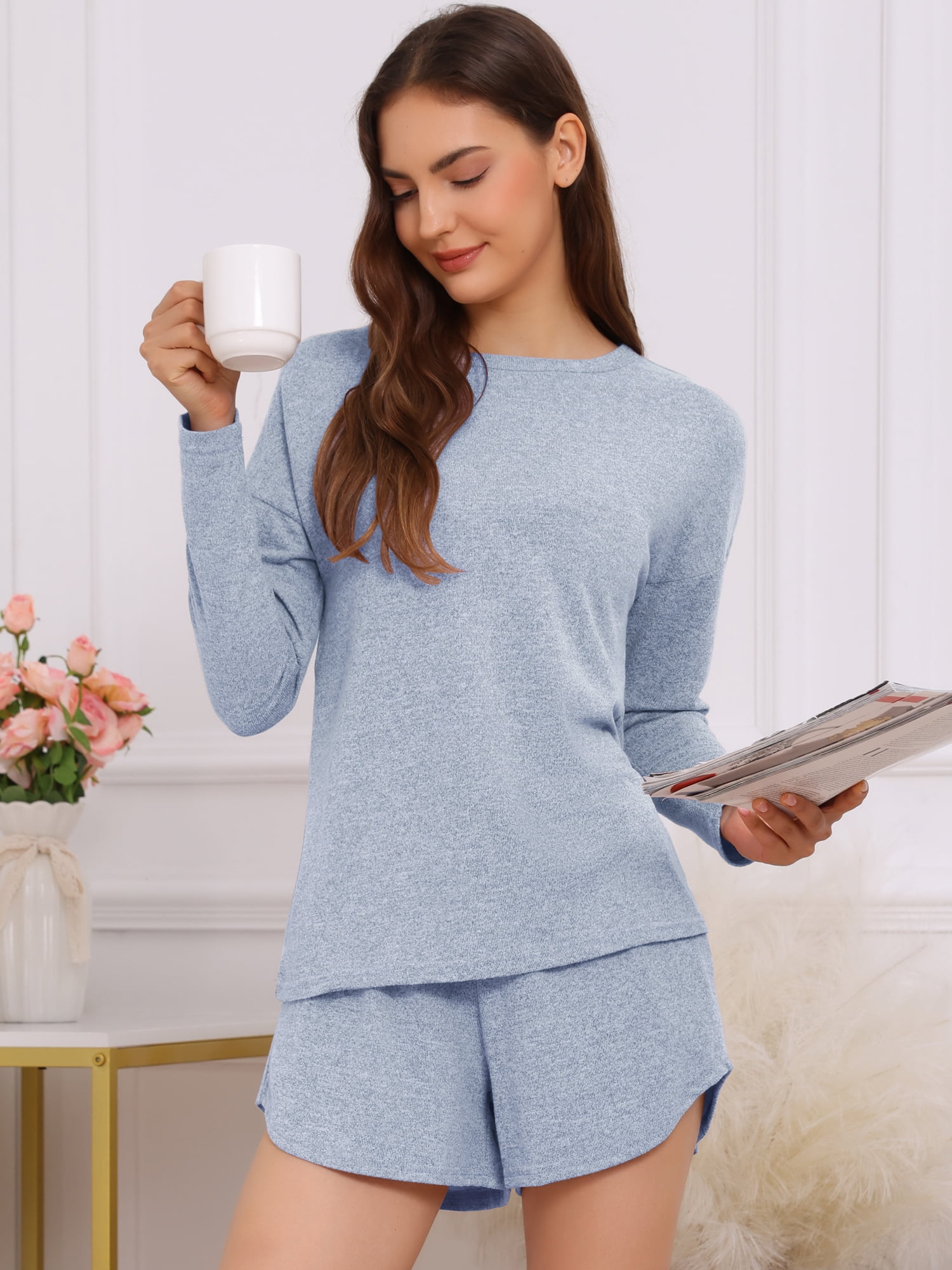 DARING DIVA Women's Long Sleeve Elastic Waistband Top and Shorts Set Loungewear XS BLue