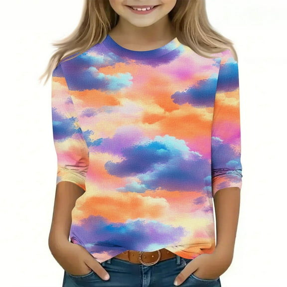 Mevxay 3/4 Sleeve Tunic Tops for Girls Fashion Tie Dye T Shirt Cute Crew Neck Casual Summer Tees for Children 110-160