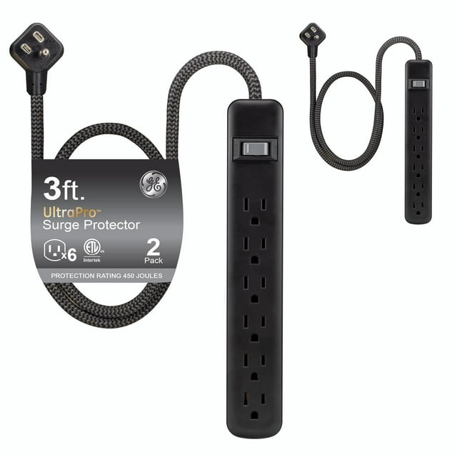 GE UltraPro 74544 - Protector de sobretensiones de 6 Tomas, Paquete de 2 Unidades, Cable Trenzado de