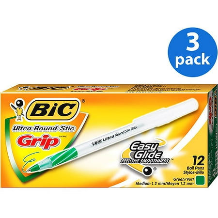 Fountain Pen Green - (3 Pack) BIC Round Stic Grip Ball Pen, 1.2 mm, Medium, Green, 12 Count