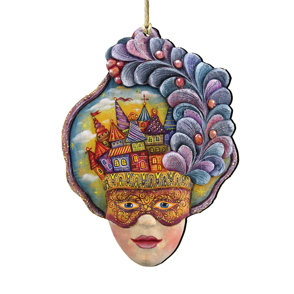 Designocracy Set of 2 Festival Carnival Mask Wooden Christmas Ornaments 5.5"