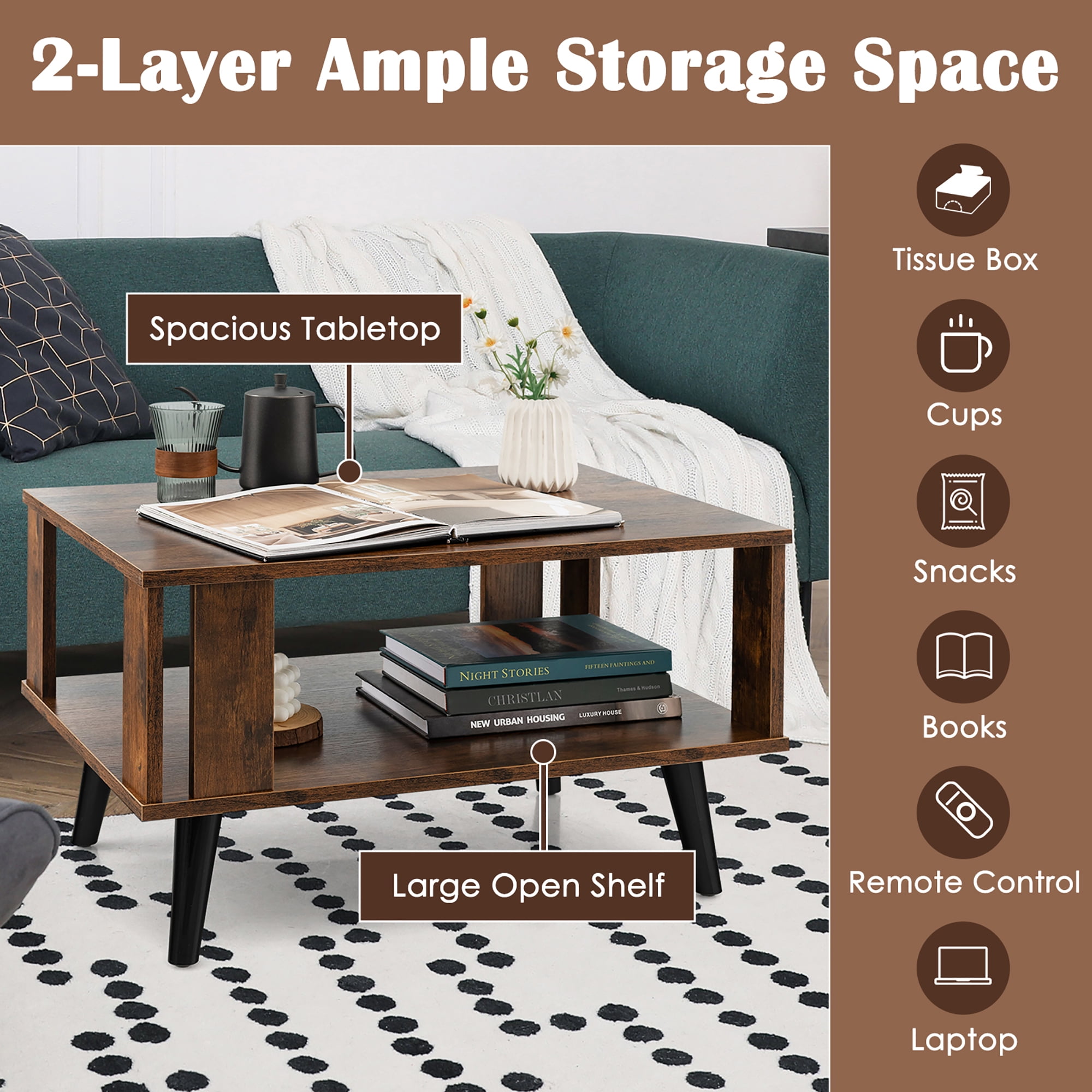 Costway Coffee Table Retro Mid-Century Coffee Table W/Storage  Open Shelf Living Room