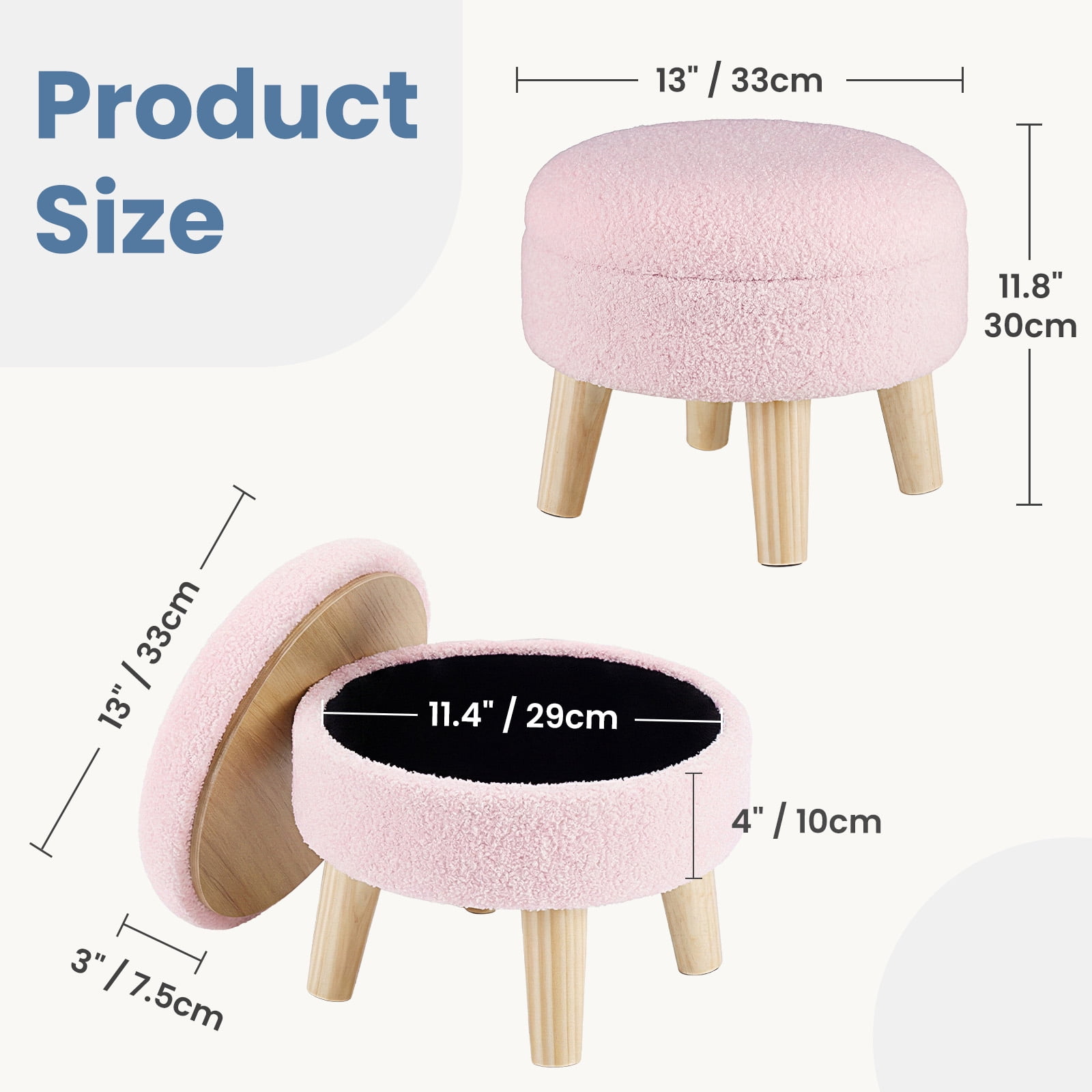 CONCETTA Round Storage Ottoman with Soft Padded Seat, Teddy Velvet Footstool with Wood Legs, Accent Ottoman for Living Room & Entryway, Pink