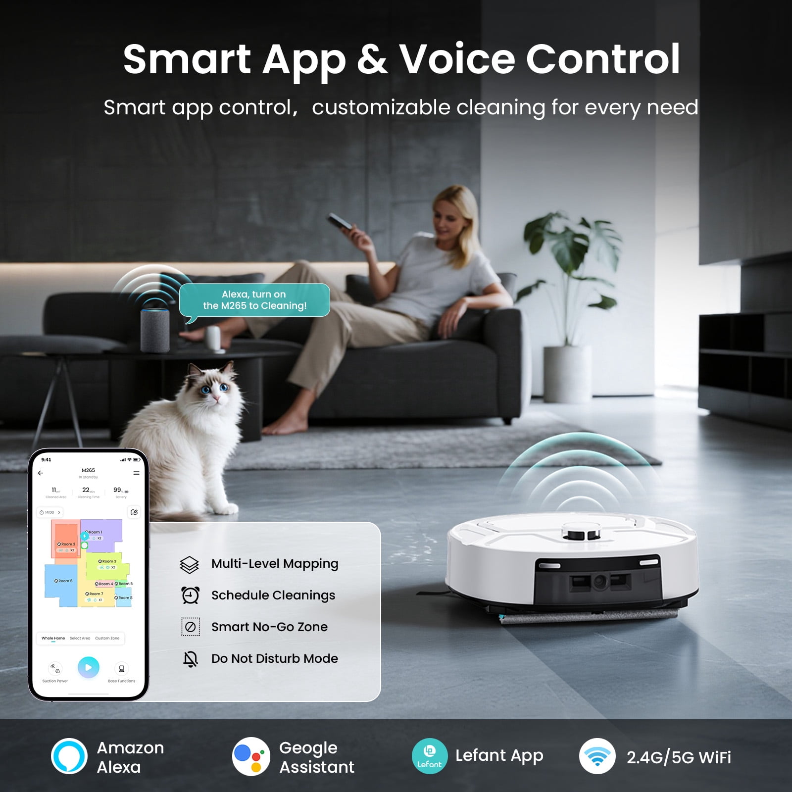 Lefant M265 Robot Vacuum and Mop Combo, 15000Pa Suction, Self-Cleaning Roller Mop with Auto Drying, LiDAR Navigation, Tangle-Free for Pet Hair
