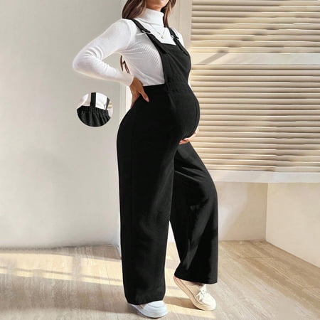 qelini Maternity Overalls Pants Adjustable Straps for Women High Waist Belly Support Pants Solid Color Corduroy Overalls