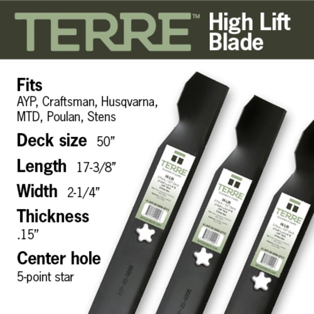 Terre Products, 3 Pack High Lift Lawn Mower Blades, 50 Inch Cut, Compatible with Poulan, Husqvarna, Craftsman, MTD, Stens, and More - Replacement for 137380, 156468, 532137380