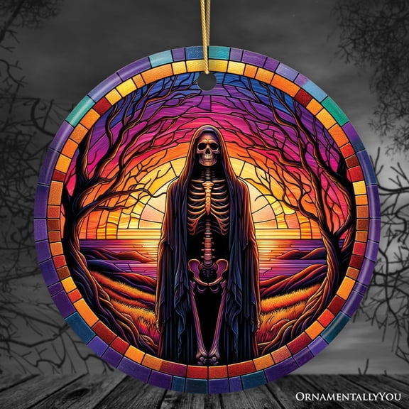 Bony Fright Halloween Skeleton Decor Stained Glass Style Ceramic Ornament, Halloween Themed Christmas Gift and Decor