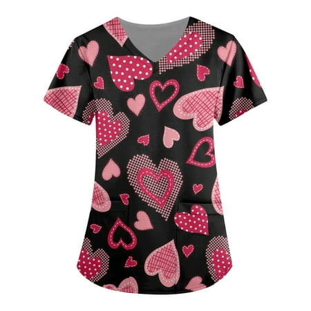 

DNDKILG Women s V Neck Casual Scrubs Top Valentine s Day Working Uniform Short Sleeve T Shirt Pockets Professionals Nursing Scrubs Black 3XL