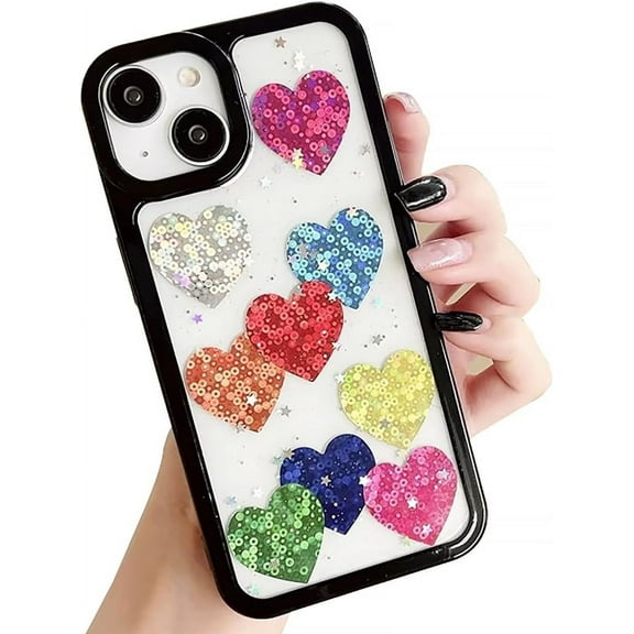 Love Heart Glitter Colorful Clear TPU Case Compatible with iPhone Case (iPhone 14)