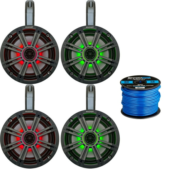 2 Pairs (4 Speakers) of Kicker 6.5" OEM Replacement 195W Coaxial 2-Way MultiColor LED Speakers (Charcoal Grilles) with Weather-Proof Black Tower Enclosures, 16-Gauge Speaker Wire