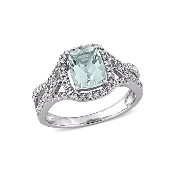 1.12 Carat (Ctw) Aquamarine Cushion-Cut Ring in 10K White Gold with Diamonds for Women
