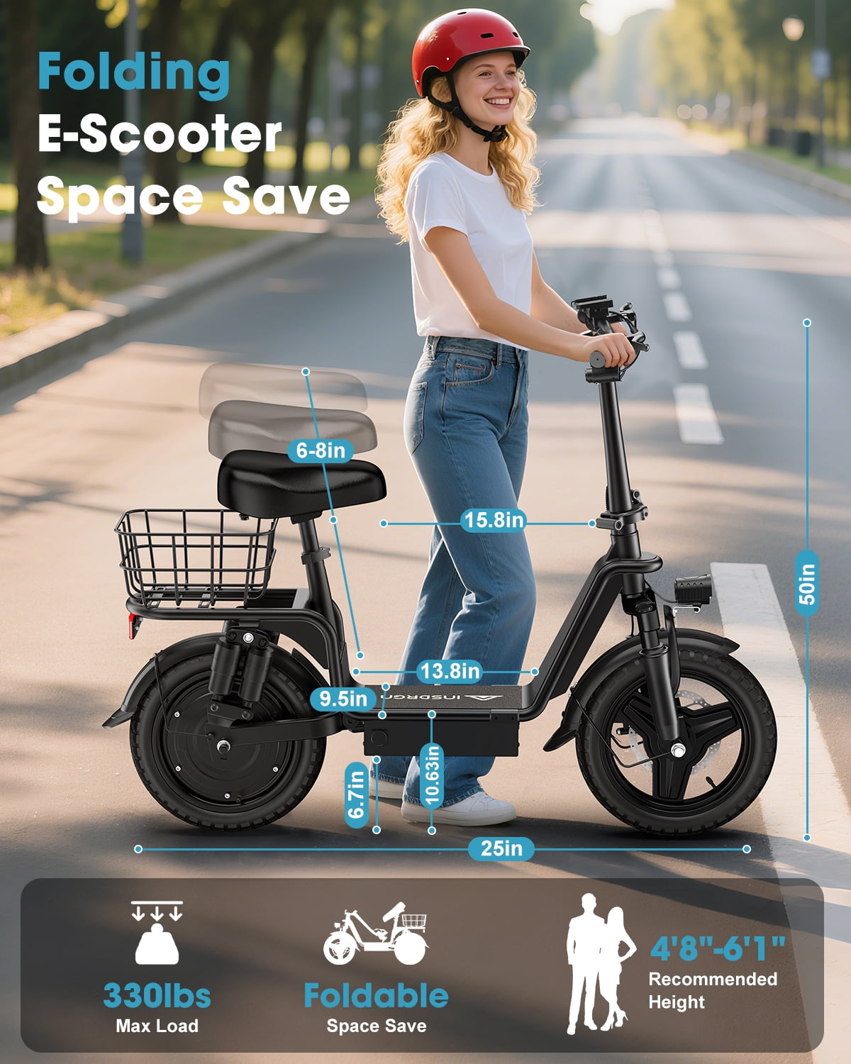 INSDRGN Adult Electric Scooter with Seat, 750W Motor, 499.2Wh Battery, 20MPH, Pet-Friendly Folding E-Scooter with Phone Holder & Cargo, UL2272, Black
