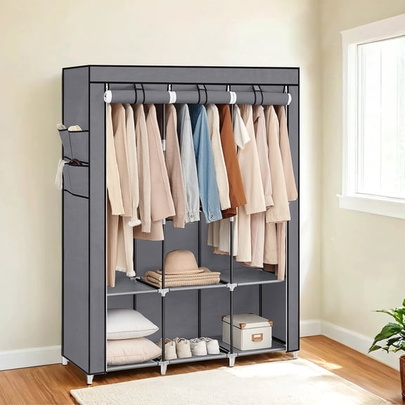 LEDREM Large Wardrobe Closet Organizer with 3 Hanging Rods & 4 Side Pockets, Fabric Storage with Cover for Bedroom/Living Room, Easy Tool-Free Assembly,Grey