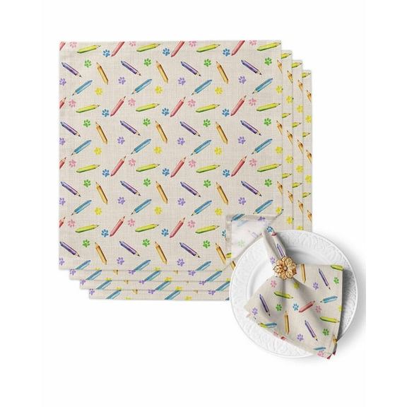 Cloth Napkins Cute Paw Print Pencil on Linen Washable Soft Kitchen Dinner Napkin Set of 4,Watercolor Childlike Theme Reusable Cocktail Napkins for Wedding Holiday Party Event,20x20In