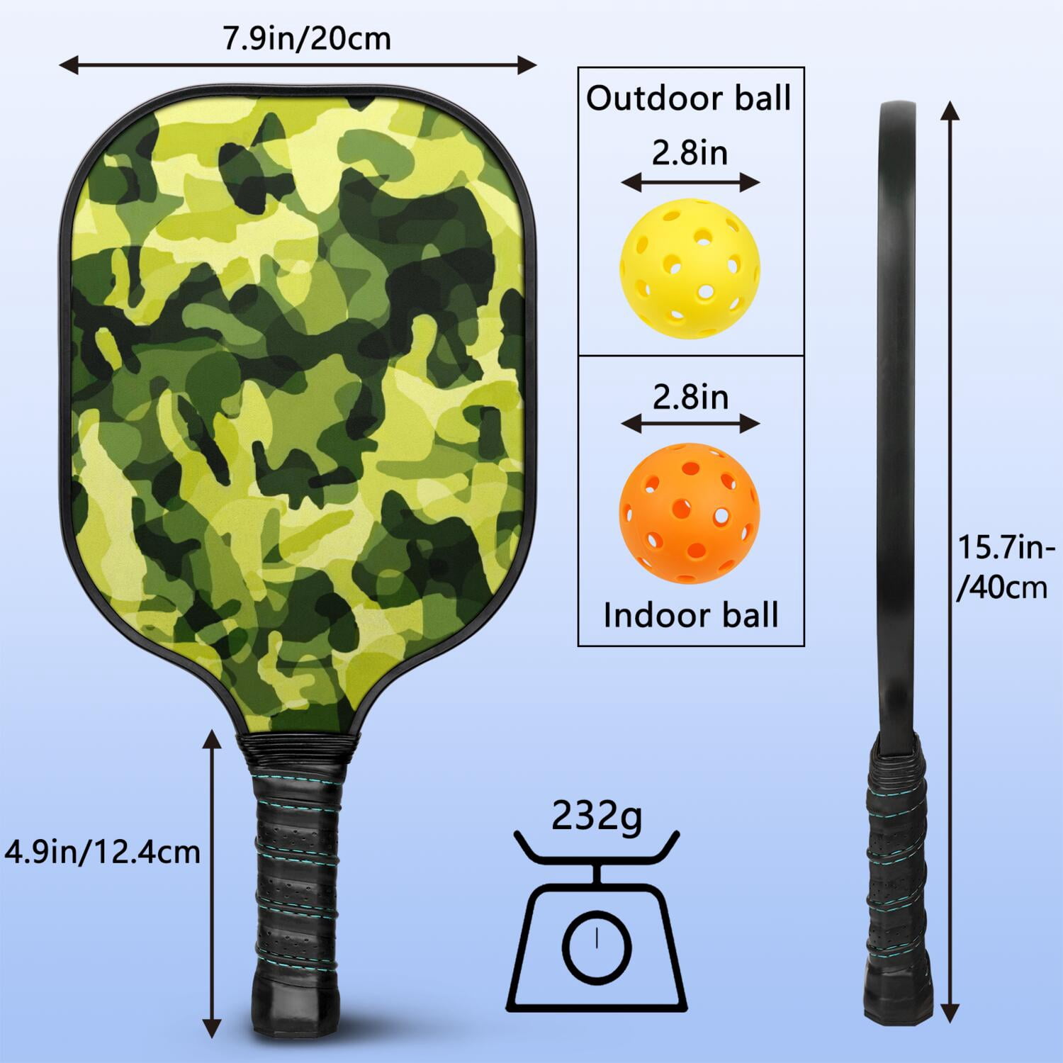 Pickleball Paddles Set Of 1, Fiberglass Surface, Camouflage Print, 1 Paddle, 2 Balls & Bag