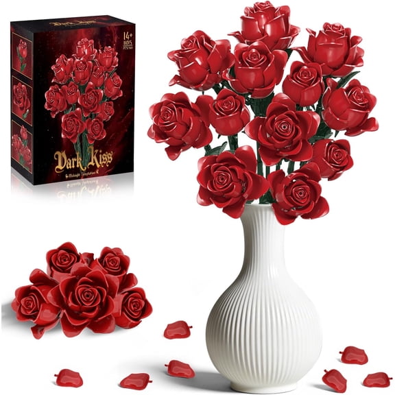 GZBricker Red Rose Flowers Bouquet Building Set, Compatible with Lego Botanical Collection Home Office Decor for Women Adults Girls