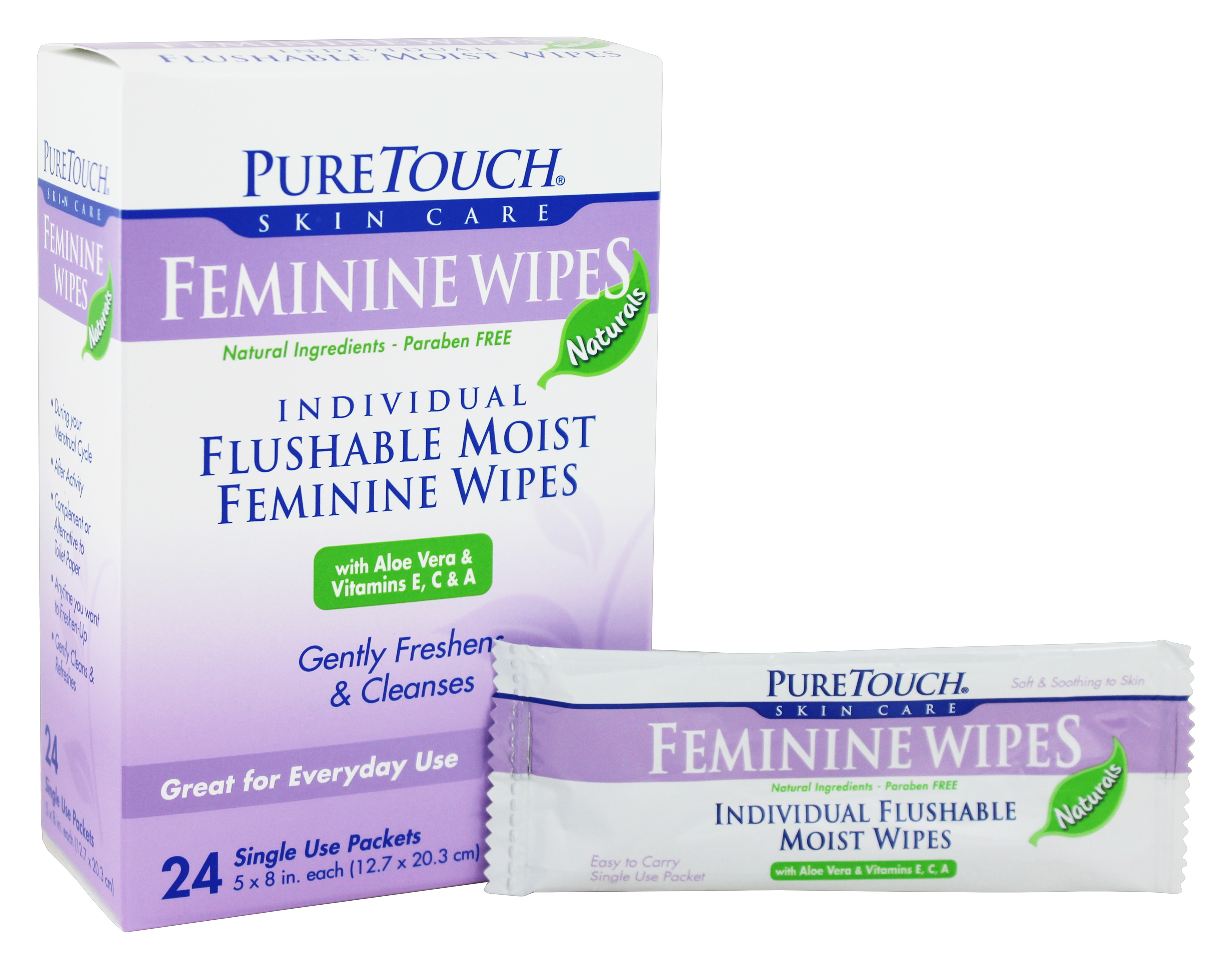 Pure Touch Skin Care Individual Flushable Moist Feminine Wipes 24