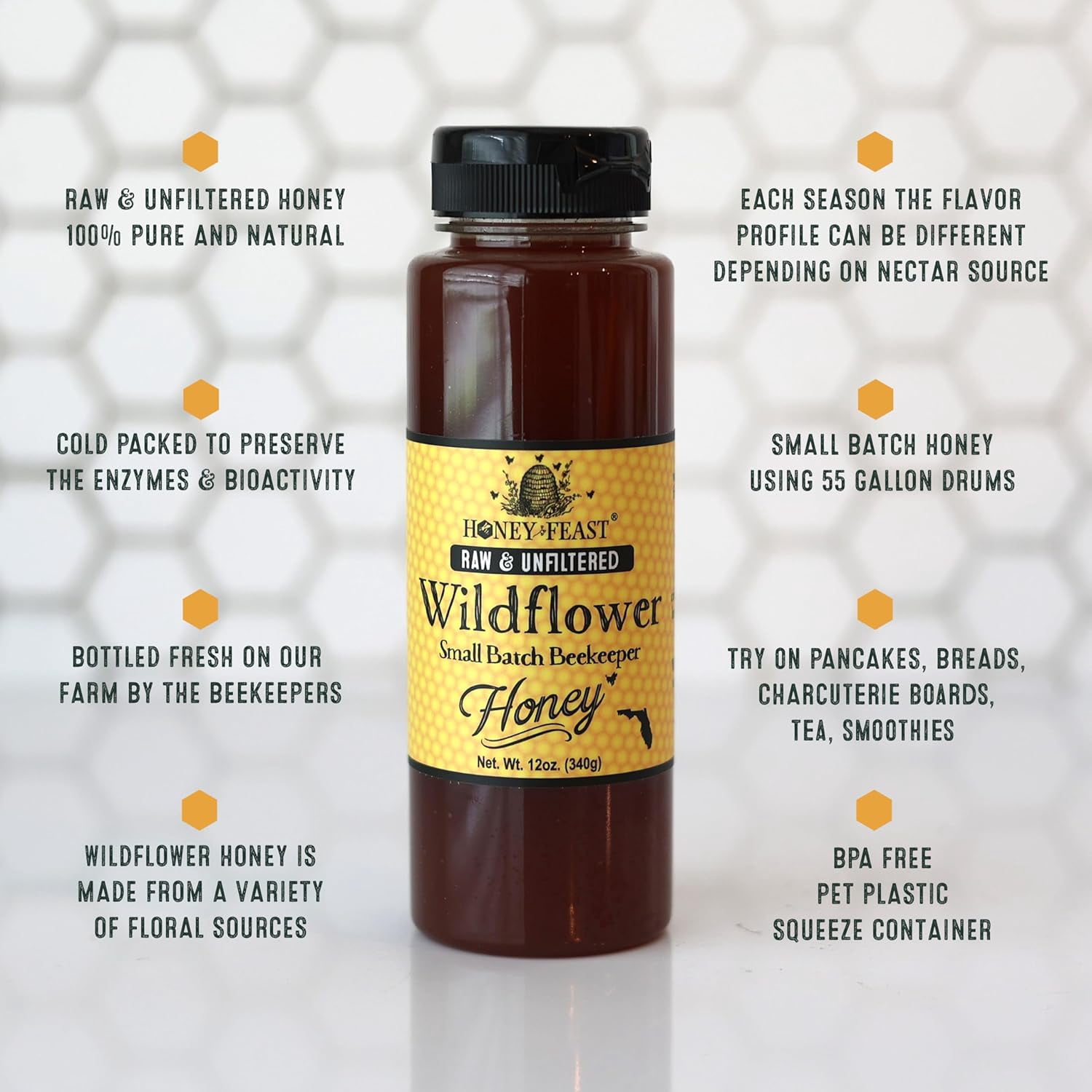 HONEY FEAST Wildflower Honey 12OZ (Pack of 3) - Raw Honey Multipack, Naturally Unfiltered, Perfect for Tea and Kitchen Use