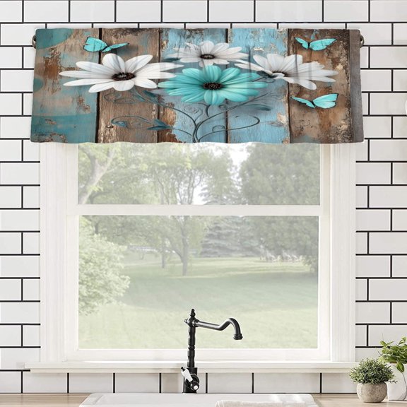 Remain Unique Rustic Teal Blue Daisy Flower Butterfly Rod Pocket Polyester Curtain Valance for Home Kitchen Bedroom Living Room Window Decor 54x18 inch