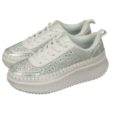Olive COZZY GIRL Crystal Embellished Low Top Lace Up Sneaker - Lightweight Faux Leather Round Toe Casual Fashion Shoes for Women - Perfect for All-Season Walking and Daily Wear Gift