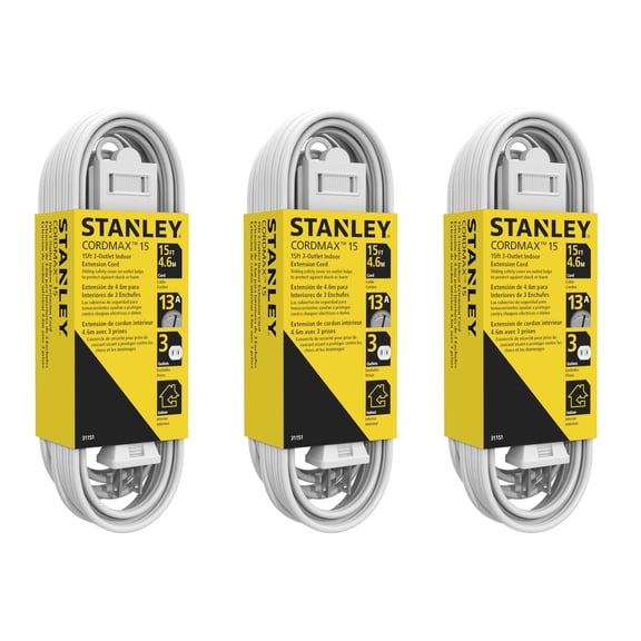 STANLEY CordMax15 3-Outlet Polarized 2-Prong Indoor Extension Cord With Sliding Safety Covers - Pack of 3 - White, 15 Feet