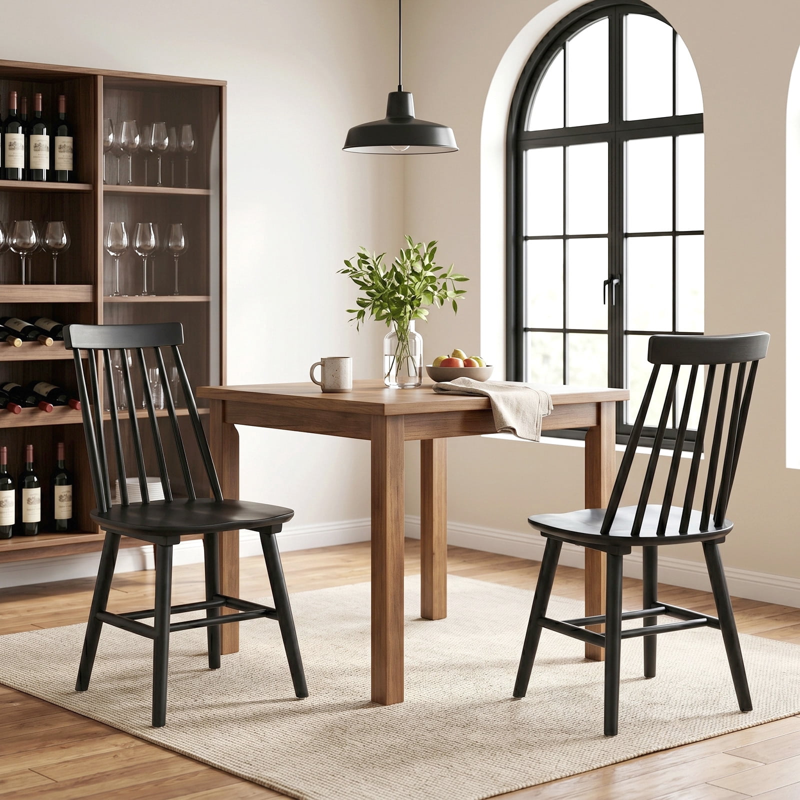 Farmhouse Wooden Dining Chairs Set of 2, Windsor Spindle Back Chair for Kitchen & Dining Room, Black