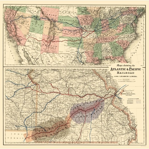 Railroad Map - Atlantic and Pacific Railroad - Colton 1873 - Vintage Wall Art