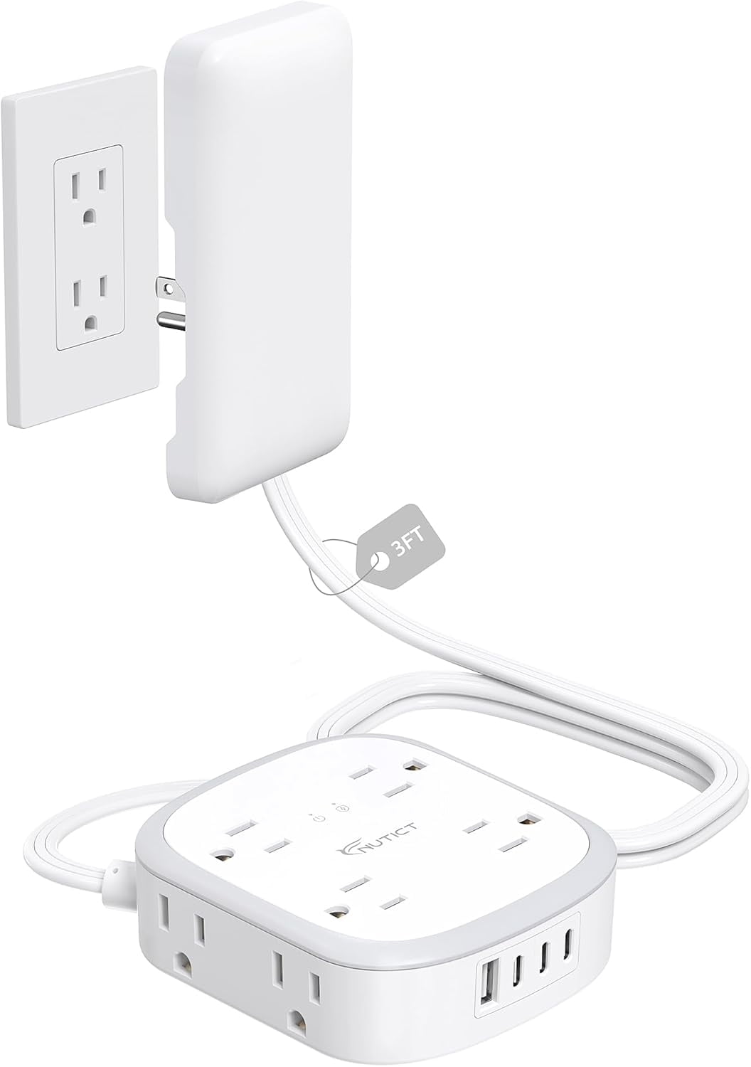 RGHJAR-Outlet Cover Extension Cord Short 3ft, Flat Plug Power Strip with 8 Outlets & 3 USB-C & 1 USB-A Port, 13A/1625W, 1440J Surge Protector, Indoor 3 Prong Flat Wall Plug for Tight Spaces, White