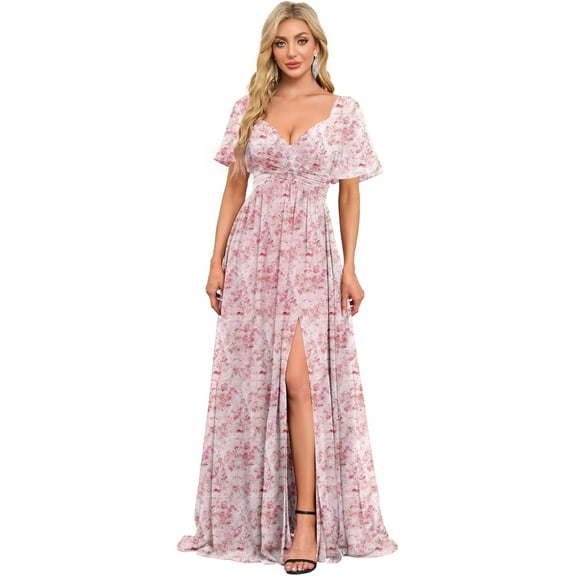 Women's Flutter Sleeves Chiffon Bridesmaid Dresses with Slit Long A Line V-Neck Formal Party Dress with Pockets