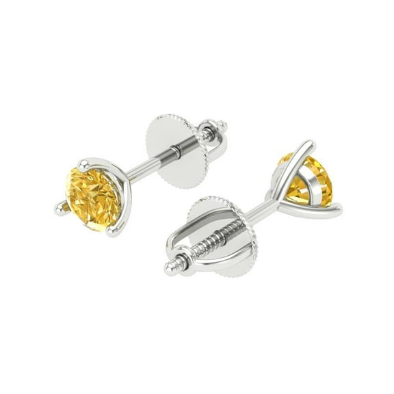 1 Ct Round Cut Studs Yellow Crystal 14K White Solid Gold Everyday Dainty Earrings Screw Back