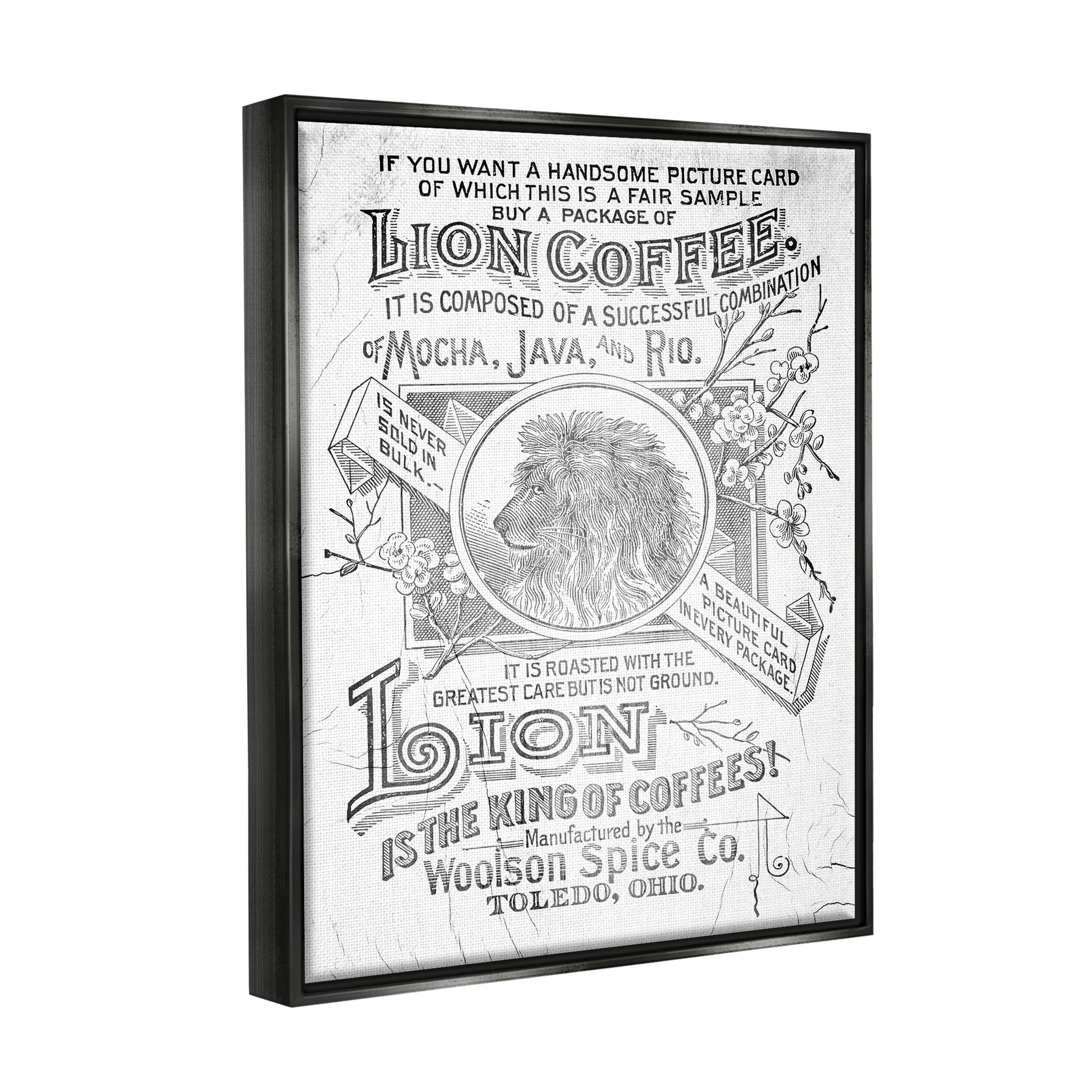 Stupell Industries Vintage Lion Coffee Poster Graphic Art Jet Black Floating Framed Canvas Print Wall Art, Design by Lil' Rue